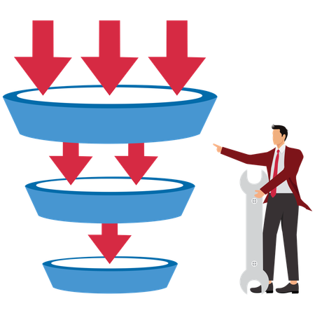 Empresário trabalhando em funil de separação  Ilustração