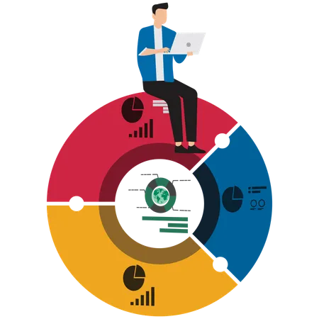 Empresário trabalhando em laptop com portfólio global  Ilustração