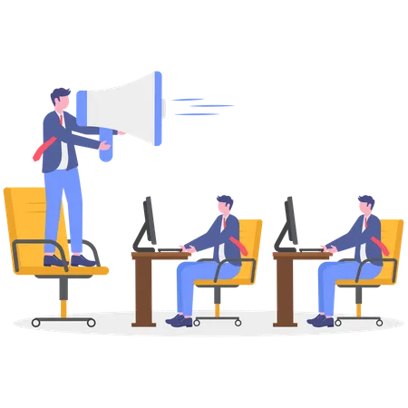 Empresário trabalhando em comunicação de marketing  Ilustração