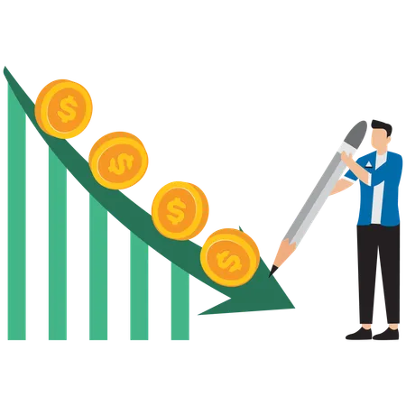 Empresário trabalhando em gráfico de declínio de negócios  Ilustração