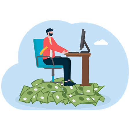 Empresário trabalhando em notas de moeda no local de trabalho  Ilustração