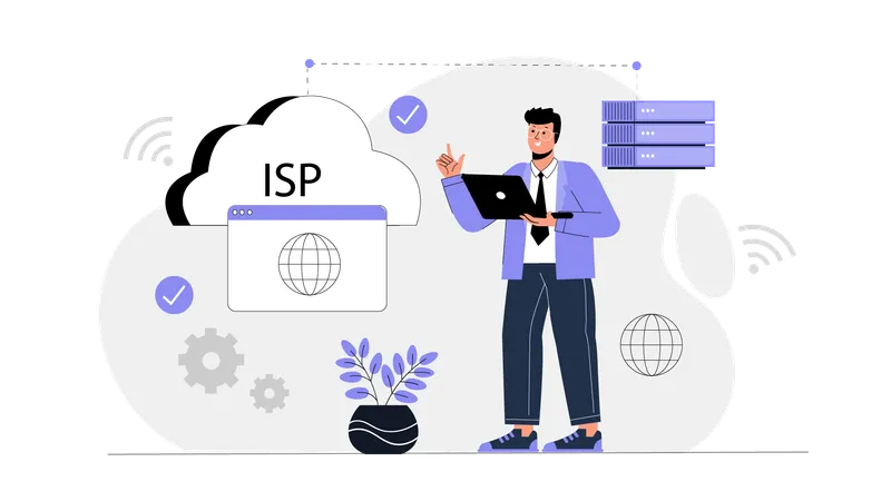 Empresário trabalhando na nuvem ISP  Ilustração