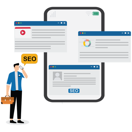 Empresário trabalhando em otimização de SEO para dispositivos móveis  Ilustração