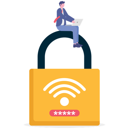 Empresário trabalhando em rede wi-fi segura  Ilustração