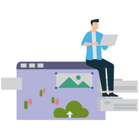 Empresário trabalhando em um laptop com gráficos infográficos  Ilustração