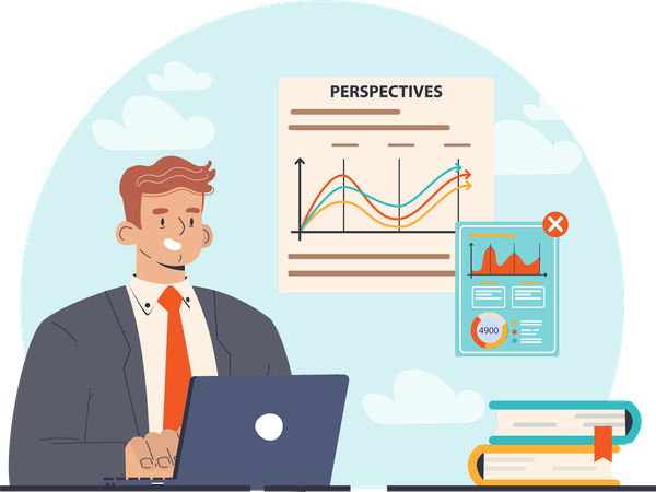 Empresário trabalhando na análise de perspectivas  Ilustração