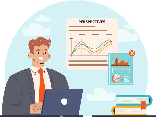 Empresário trabalhando na análise de perspectivas  Ilustração