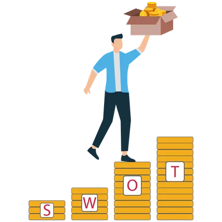 Empresário trabalhando na força dos negócios na análise SWOT  Ilustração