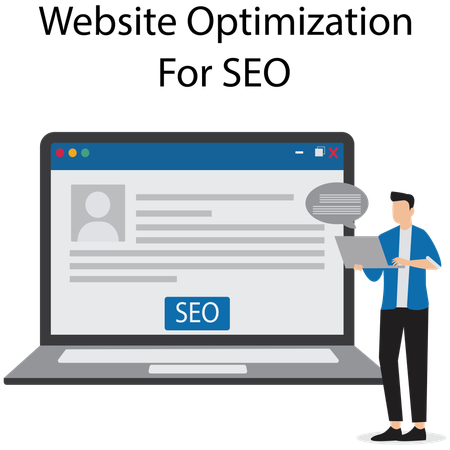 Empresário trabalhando em otimização de sites para SEO  Ilustração