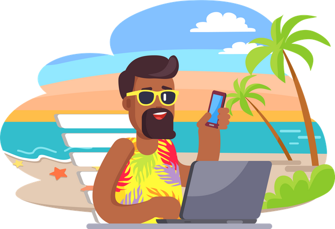 Turista empresário trabalhando com telefone durante as férias de verão  Ilustração