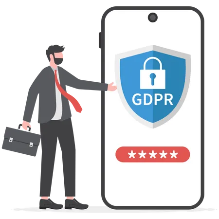 Empresário usa GDPR em dispositivos móveis  Ilustração