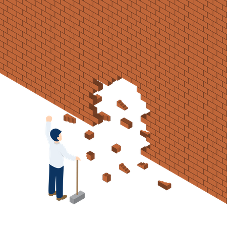 El hombre de negocios usa un martillo rompiendo la pared  Ilustración