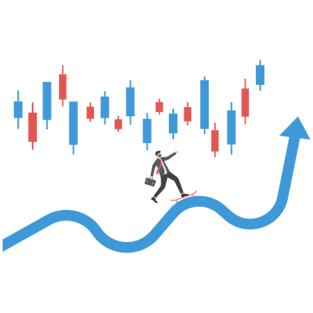 El hombre de negocios usa el salto del cielo en la flecha crece con el gráfico del mercado de valores encima de la palabra Riesgo  Ilustración