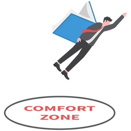 Salga De La Zona De Confort Y Comience Un Nuevo Concepto De Viaje Empresarial Los Empresarios Utilizan Sus Alas De Conocimiento Para Salir De Su Zona De Confort En Busca De Nuevos Exitos Ilustración