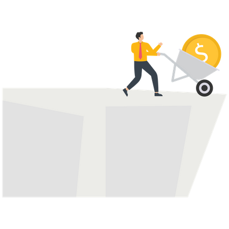 Empresário usa um carrinho para deixar uma moeda de dólar americano em um penhasco  Ilustração