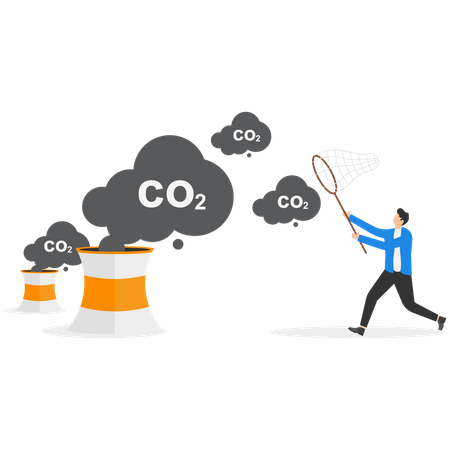 Empresário usa uma rede de borboletas para capturar símbolos de gás dióxido de carbono  Illustration