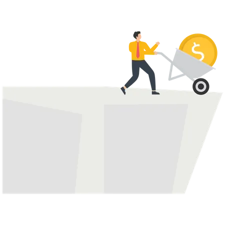 El empresario utiliza un carrito para dejar una moneda de un dólar estadounidense en un acantilado  Ilustración