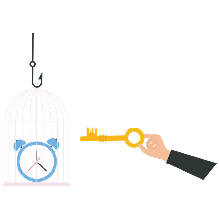 El empresario utiliza una llave para desbloquear un reloj de una jaula  Ilustración
