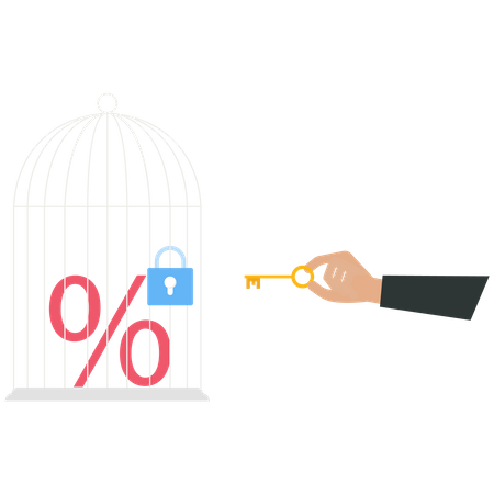 El empresario utiliza una llave para desbloquear un signo de porcentaje rojo de una jaula  Ilustración