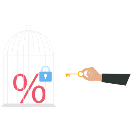 El empresario utiliza una llave para desbloquear un signo de porcentaje rojo de una jaula  Ilustración