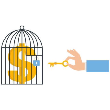 El empresario utiliza una llave para desbloquear monedas de dólares estadounidenses de una jaula  Ilustración