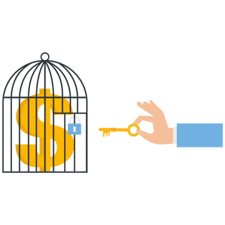 El empresario utiliza una llave para desbloquear monedas de dólares estadounidenses de una jaula  Ilustración