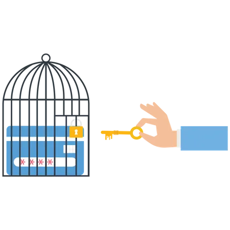 El empresario utiliza una llave para desbloquear una tarjeta de crédito de una jaula  Ilustración