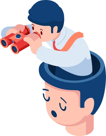 Empresário usando binóculo dentro da cabeça  Ilustração