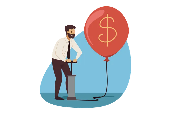 Empresário usando bomba de ar enchendo ar em balão de dólar  Ilustração
