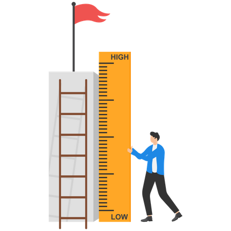 Empresario usando cinta métrica para medir y analizar la distancia desde la bandera objetivo  Ilustración