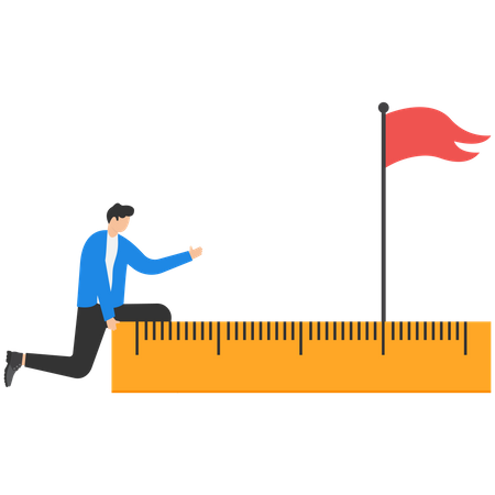 Empresario usando cinta métrica para medir y analizar la distancia desde la bandera objetivo  Ilustración