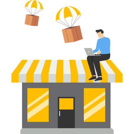 Empresário usando computador com entrega de pacote de pára-quedas voador  Ilustração