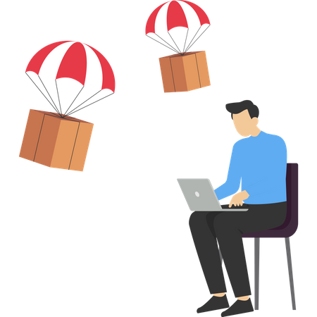 Empresário usando computador com entrega de pacote de pára-quedas voador  Ilustração