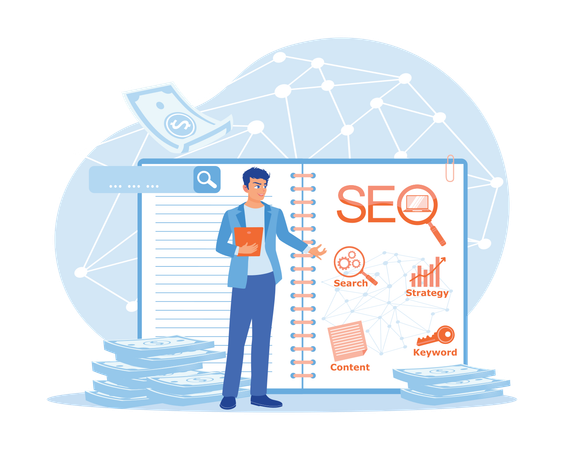 Hombre de negocios que usa un cuaderno para registrar un esquema de optimización SEO  Ilustración