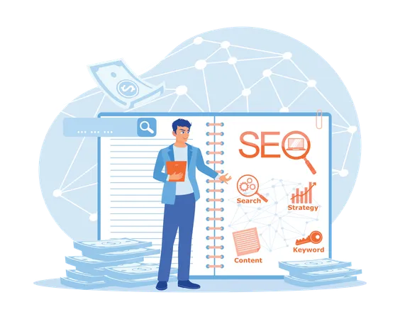 Hombre de negocios que usa un cuaderno para registrar un esquema de optimización SEO  Ilustración