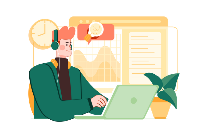 Empresário usando fone de ouvido e trabalhando no laptop  Ilustração