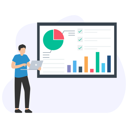 Empresário usando laptop analisando gráficos financeiros e dados na tela de apresentação  Ilustração