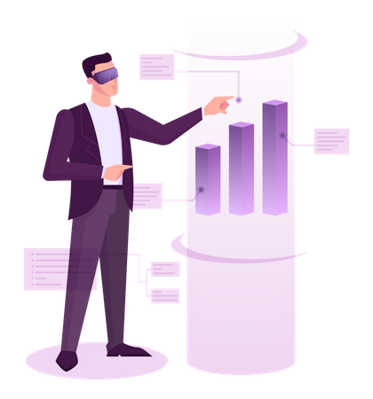 Empresário usando óculos VR e analisando o mercado de ações  Ilustração