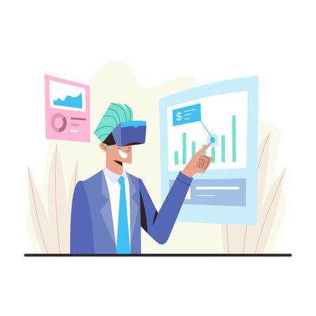 Empresário usando óculos VR para visualizar análises financeiras  Ilustração