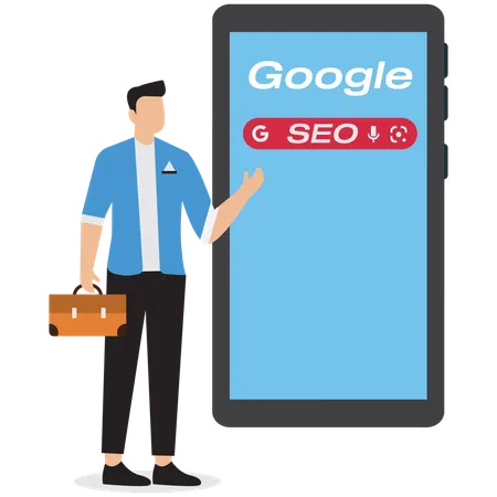 Empresário usando smartphone para pesquisar SEO  Ilustração