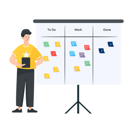 Empresario utilizando tablero de tareas para planificar el flujo de trabajo  Ilustración