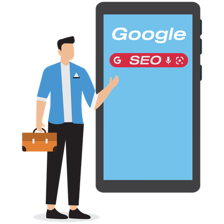 Hombre de negocios que utiliza un teléfono inteligente móvil para buscar SEO  Ilustración