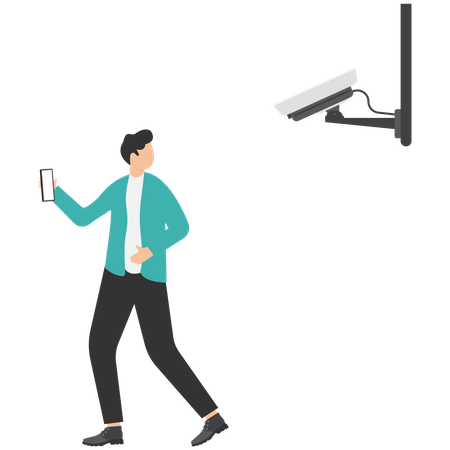 Empresario utilizando teléfono móvil mirando la cámara CCTV  Ilustración