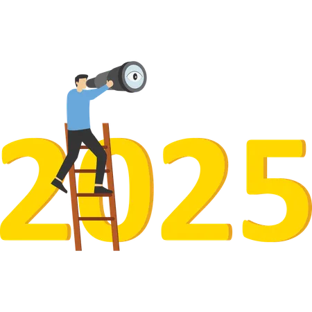 Hombre de negocios que usa un telescopio para ver la visión en la parte superior de la escalera por encima del número del año 2025.  Ilustración