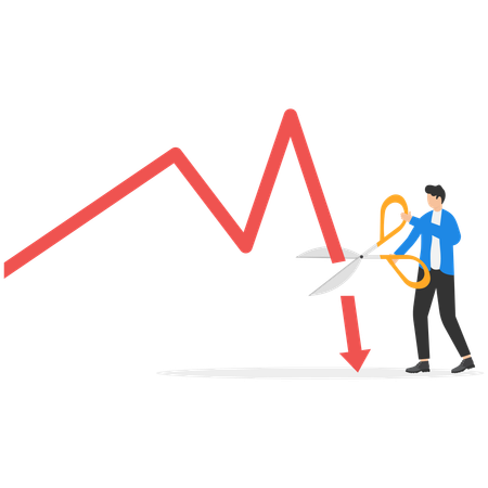 Hombre de negocios usando tijeras cortando gráfico descendente  Ilustración