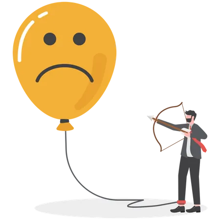 Empresário usando uma tesoura para cortar corda no balão de ancoragem entre Pensamentos positivos mudam de sentimento triste Otimismo e o poder da mente para mudar humor e comportamento  Ilustração