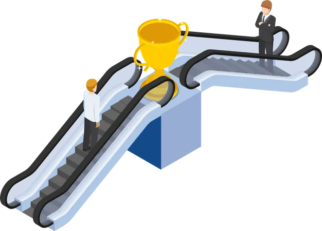 Un Hombre De Negocios Isometrico Plano 3 D Usa Una Escalera Mecanica Para Alcanzar El Trofeo Ganador Atajo Al Concepto De Exito Empresarial Ilustración