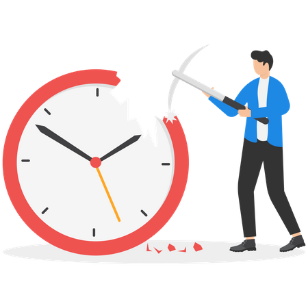 Empresario que utiliza un hacha para romper el reloj y gestionar el tiempo para la fecha límite de los proyectos.  Ilustración