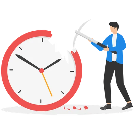 Empresario que utiliza un hacha para romper el reloj y gestionar el tiempo para la fecha límite de los proyectos.  Ilustración
