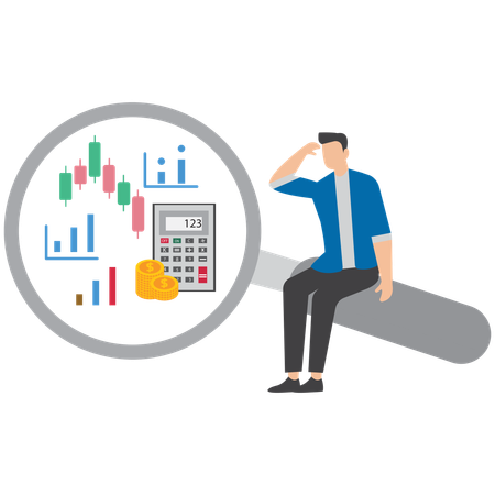 Hombre de negocios que usa una lupa para planificar el presupuesto con una calculadora, una moneda y un gráfico que simboliza la gestión financiera  Ilustración